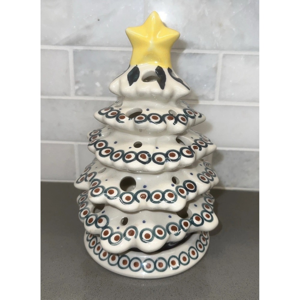 Boleslawiec Polish Pottery Xmas Tree Luminary w/Base Star Top Circles
